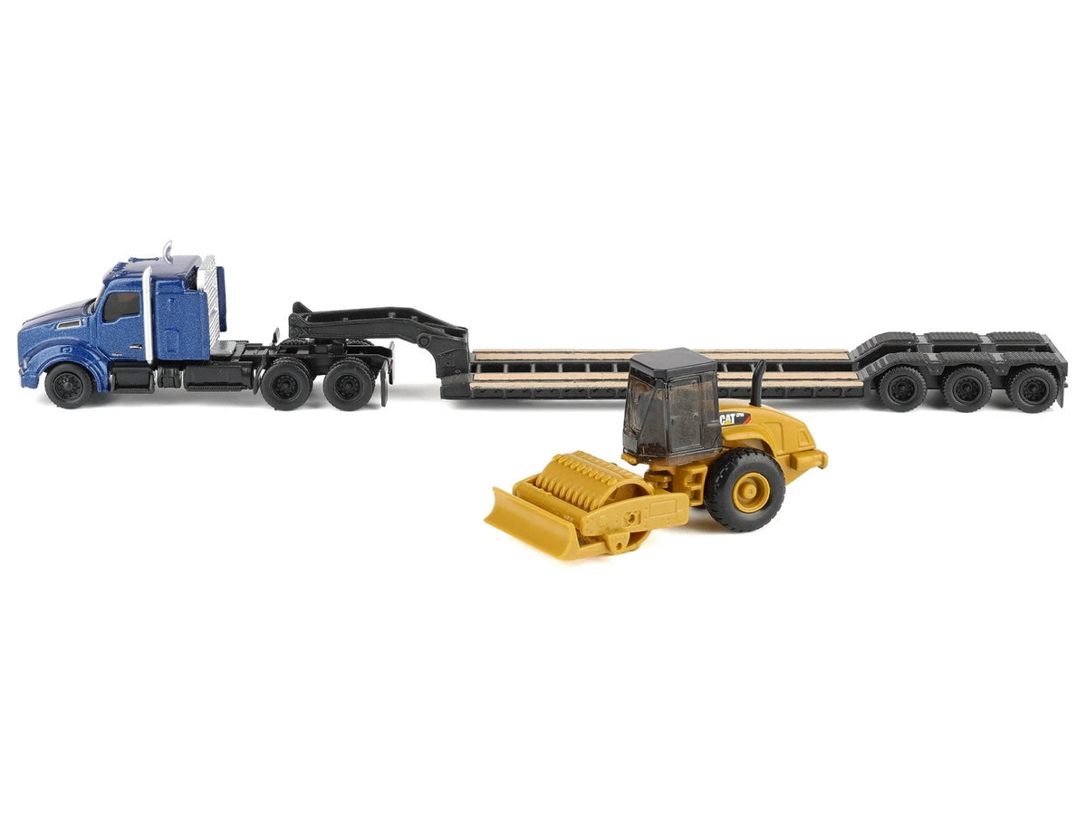 Kenworth T880 Tractor Blue Metallic with Lowboy Trailer and CAT Padfoot Roller Yellow 1/87 (HO) Diecast Model