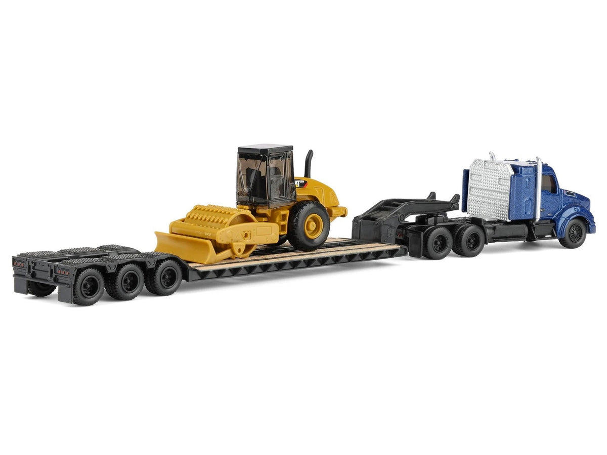 Kenworth T880 Tractor Blue Metallic with Lowboy Trailer and CAT Padfoot Roller Yellow 1/87 (HO) Diecast Model