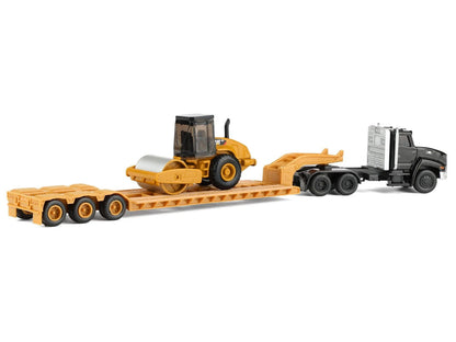 Kenworth T880 Tractor Black with Lowboy Trailer and CAT Roller Yellow 1/87 (HO) Diecast Model