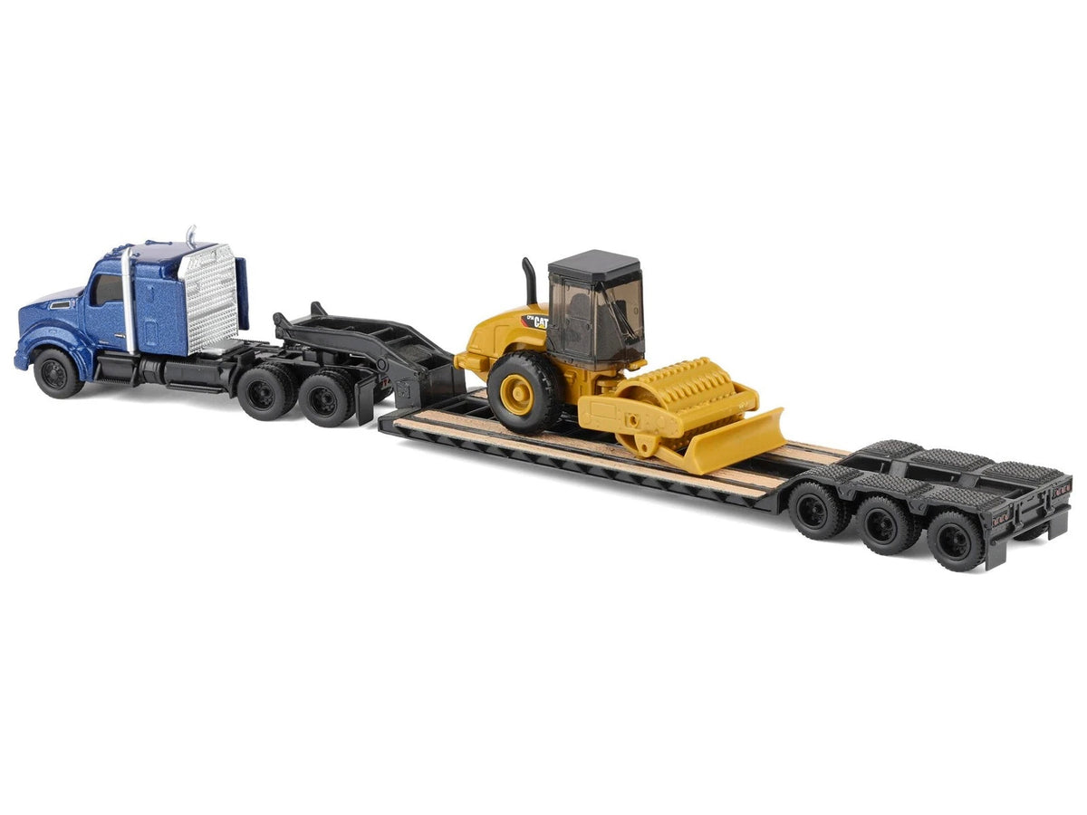 Kenworth T880 Tractor Blue Metallic with Lowboy Trailer and CAT Padfoot Roller Yellow 1/87 (HO) Diecast Model