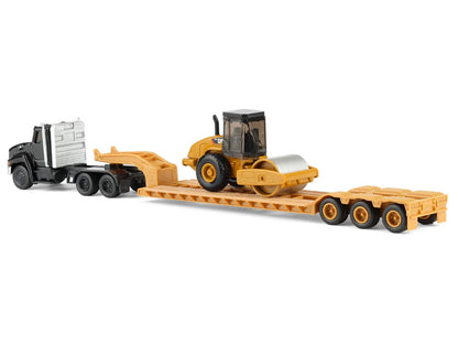Kenworth T880 Tractor Black with Lowboy Trailer and CAT Roller Yellow 1/87 (HO) Diecast Model