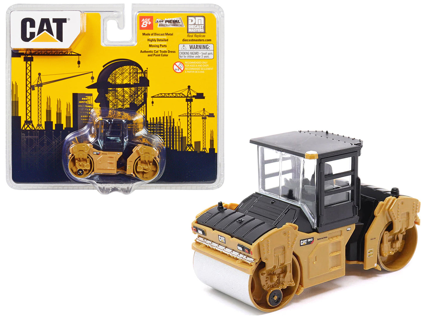 CAT Caterpillar CB-13 Tandem Vibratory Roller with Cab Yellow and Black 1/64 Diecast Model
