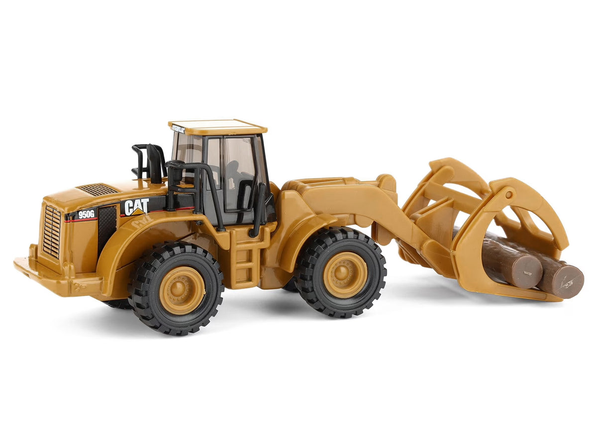 CAT Caterpillar 950G Wheel Loader Yellow with Log Fork and Wood Log Accessories 1/87 (HO) Diecast Model