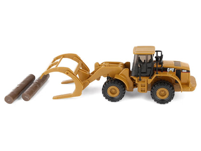 CAT Caterpillar 950G Wheel Loader Yellow with Log Fork and Wood Log Accessories 1/87 (HO) Diecast Model
