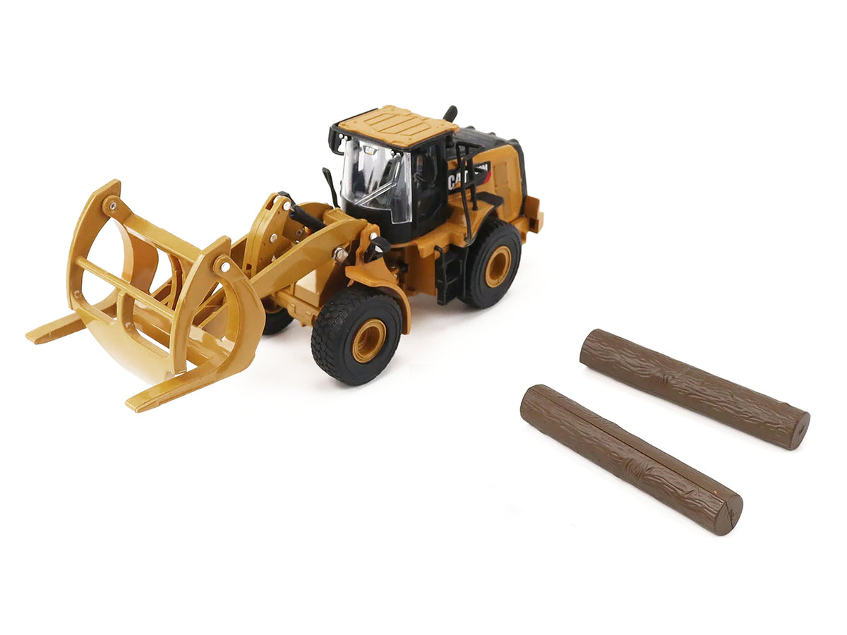 CAT Caterpillar 950M Wheel Loader Yellow with Log fork and Wood Log 1/64 Diecast Model