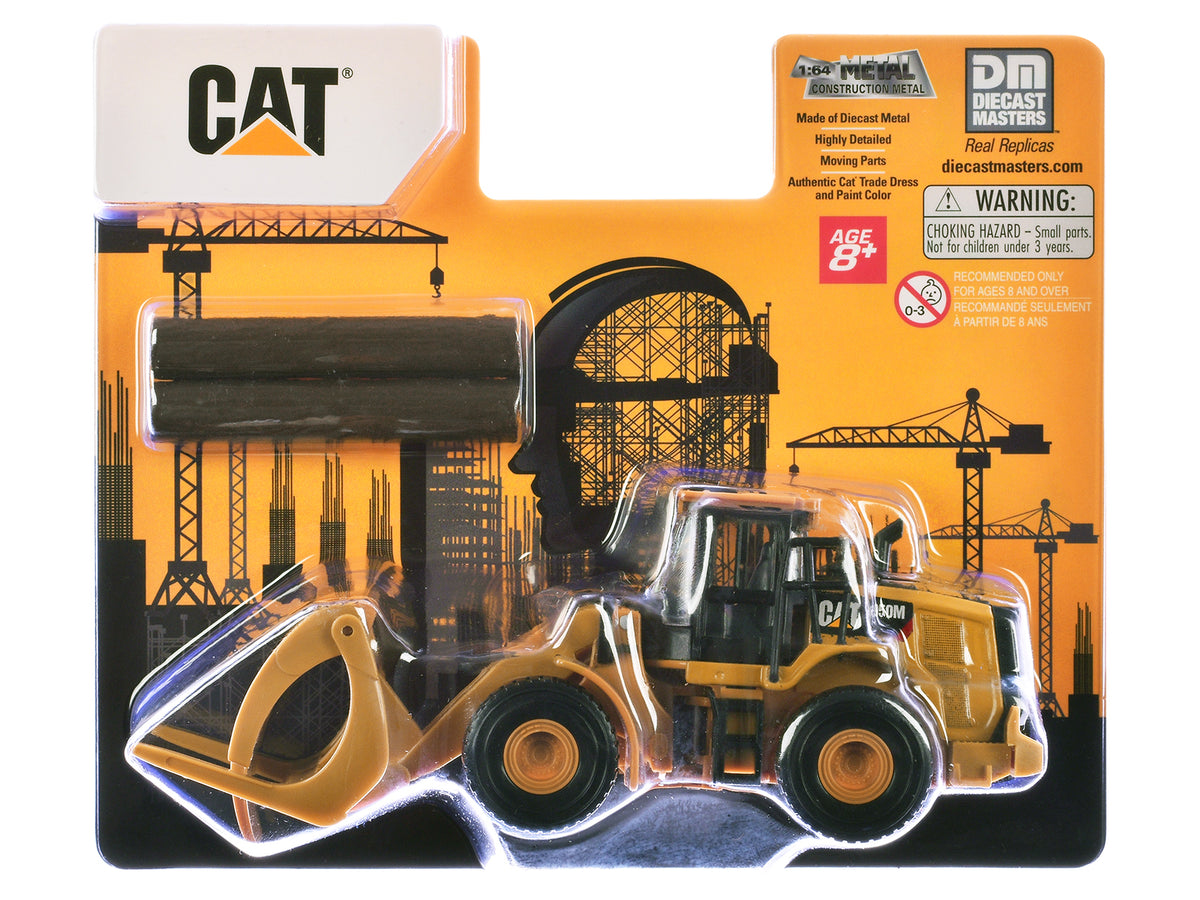 CAT Caterpillar 950M Wheel Loader Yellow with Log fork and Wood Log 1/64 Diecast Model