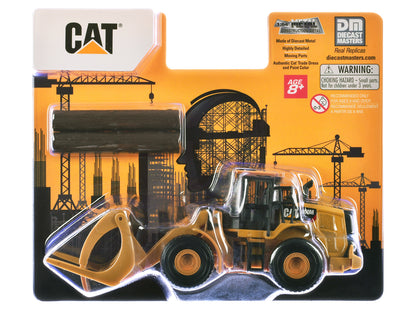 CAT Caterpillar 950M Wheel Loader Yellow with Log fork and Wood Log 1/64 Diecast Model
