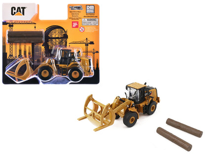 CAT Caterpillar 950M Wheel Loader Yellow with Log fork and Wood Log 1/64 Diecast Model