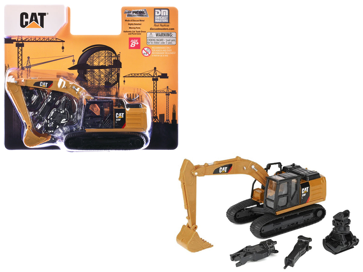 CAT Caterpillar 320F L Excavator with Interchangeable Attachment Yellow 1/64 Diecast Model