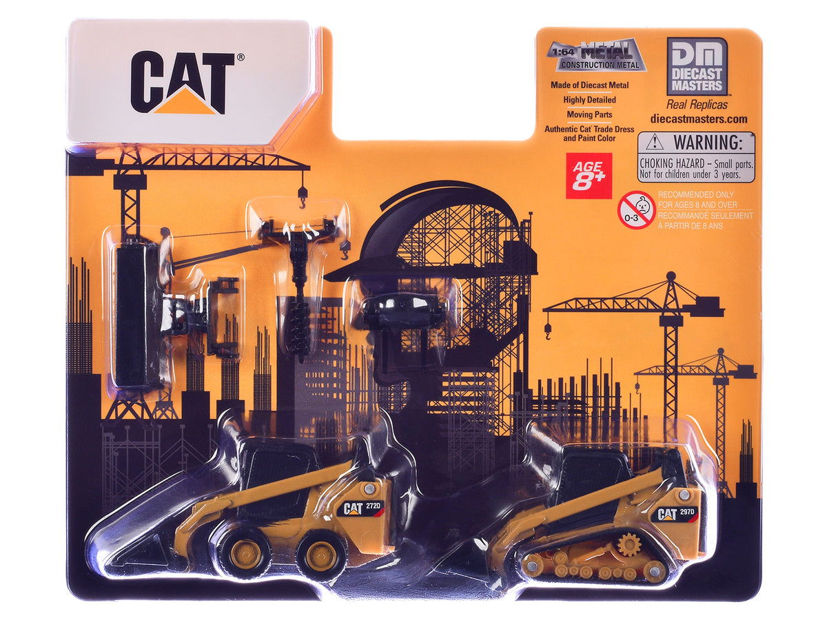 CAT Caterpillar 272D Skid Steer Loader and 297D Compact Track Loader with Interchangeable Attachment Yellow 1/64 Diecast Model