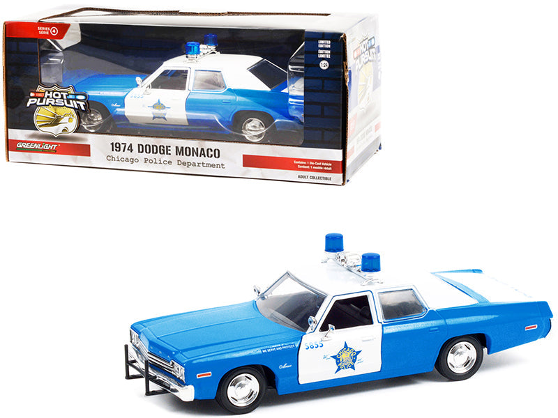 1974 Dodge Monaco Blue and White CPD "Chicago Police Department" (Illinois) "Hot Pursuit" Series 1/24 Diecast Model Car
