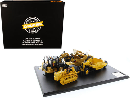 CAT Caterpillar 621K Tractor Scraper and CAT Caterpillar D7 Track-Type Tractor with No. 70 Scraper Set "Evolution Series" 1/50 Diecast Models