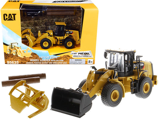 CAT Caterpillar 950M Wheel Loader with Bucket and Log Fork with Two Log Poles "Play & Collect!" 1/64 Diecast Model