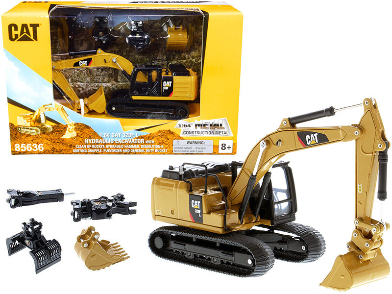 CAT Caterpillar 320F L Hydraulic Tracked Excavator with 5 Work Tools "Play & Collect!" 1/64 Diecast Model