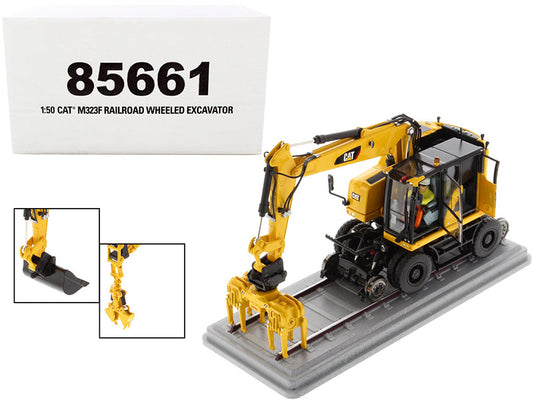 CAT Caterpillar M323F Railroad Wheeled Excavator with Operator and 3 Work Tools Safety Yellow Version "High Line Series" 1/50 Diecast Model