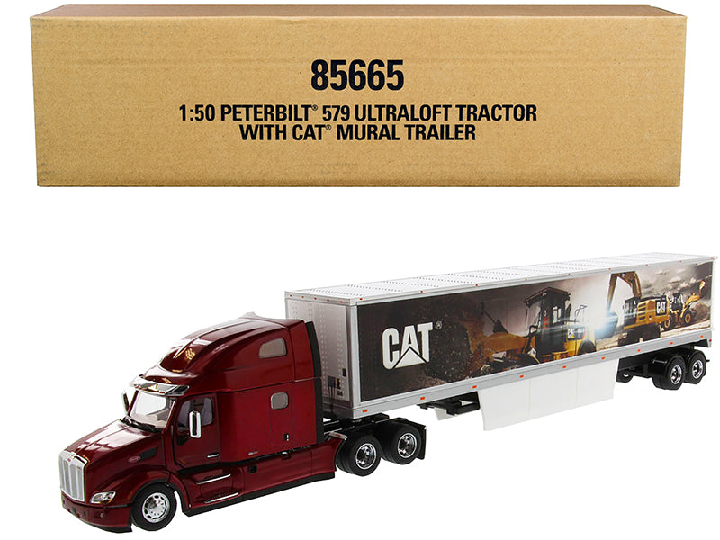 Peterbilt 579 UltraLoft Truck Tractor Red with "CAT Caterpillar" Mural Dry Van Trailer "Transport Series" 1/50 Diecast Model