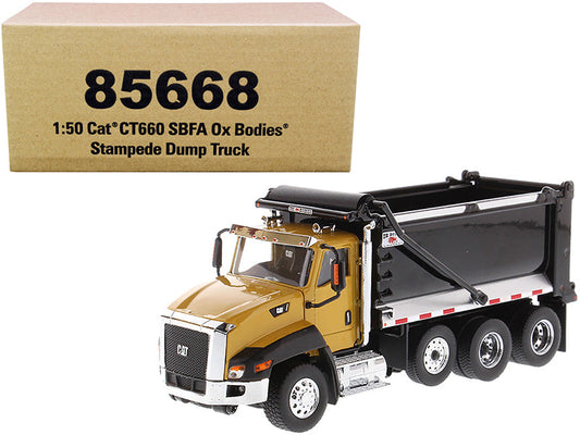 CAT Caterpillar CT660 SBFA with Ox Bodies Stampede Dump Truck Yellow and Black 1/50 Diecast Model