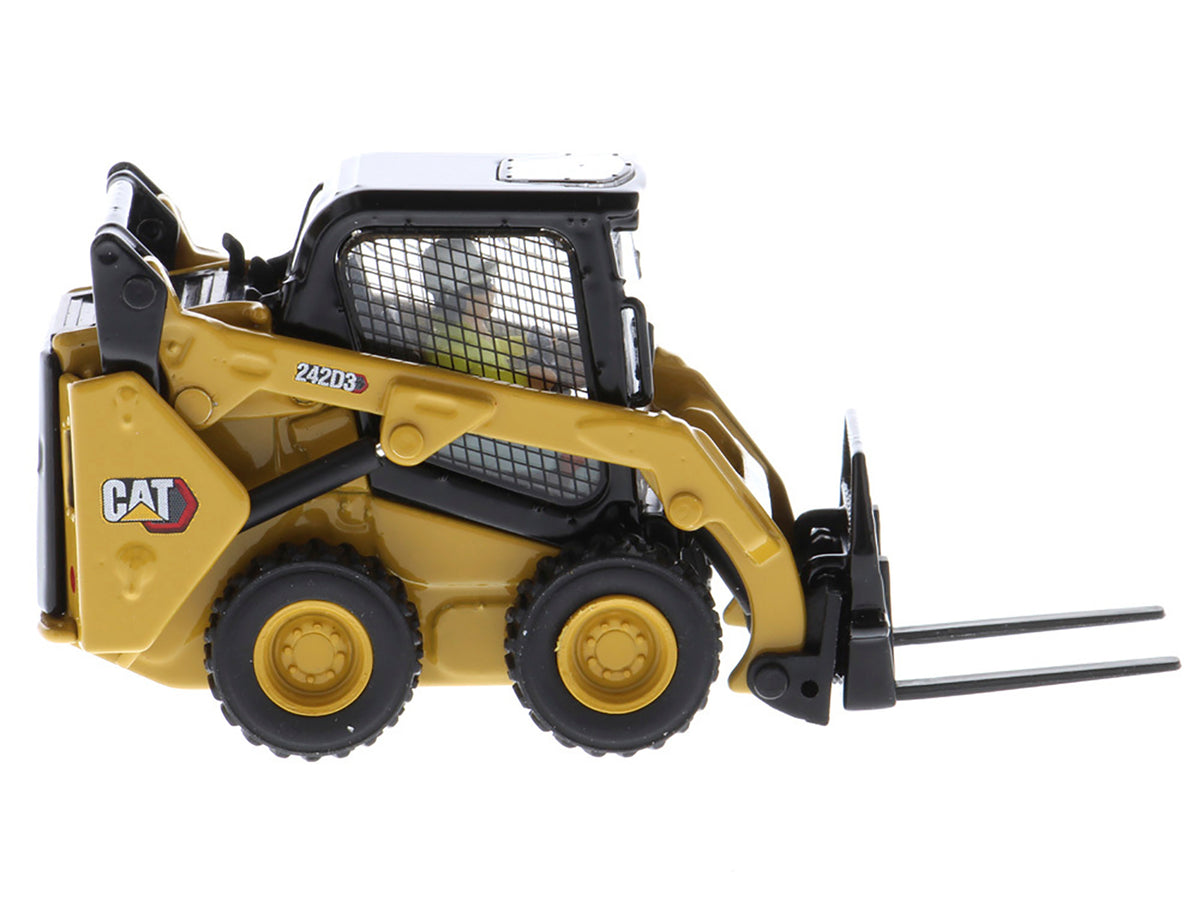 CAT Caterpillar 242D3 Wheeled Skid Steer Loader with Work Tools and Operator Yellow "High Line Series" 1/50 Diecast Model