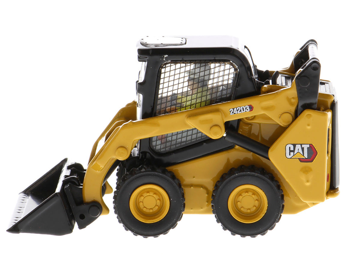 CAT Caterpillar 242D3 Wheeled Skid Steer Loader with Work Tools and Operator Yellow "High Line Series" 1/50 Diecast Model
