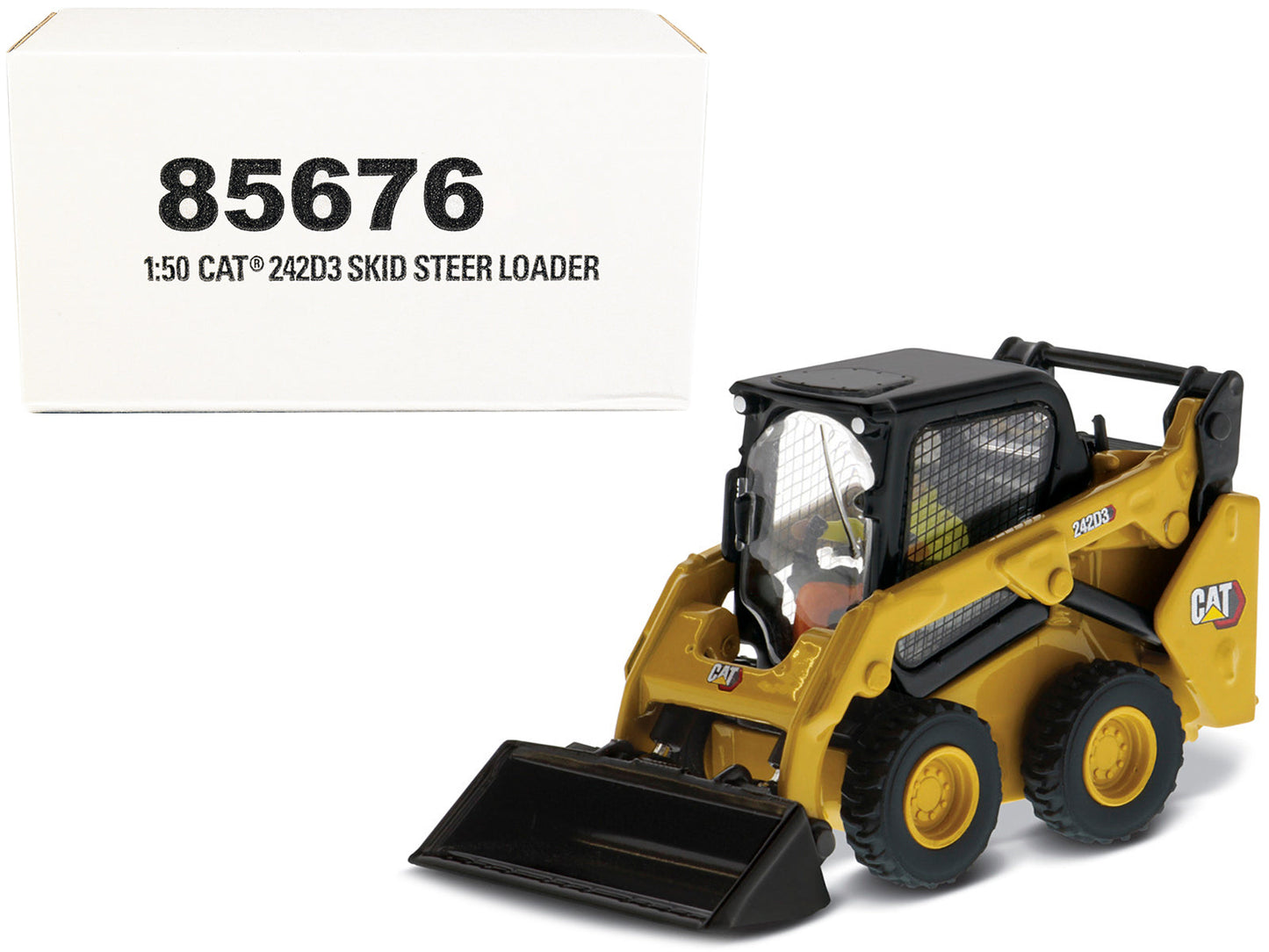 CAT Caterpillar 242D3 Wheeled Skid Steer Loader with Work Tools and Operator Yellow "High Line Series" 1/50 Diecast Model