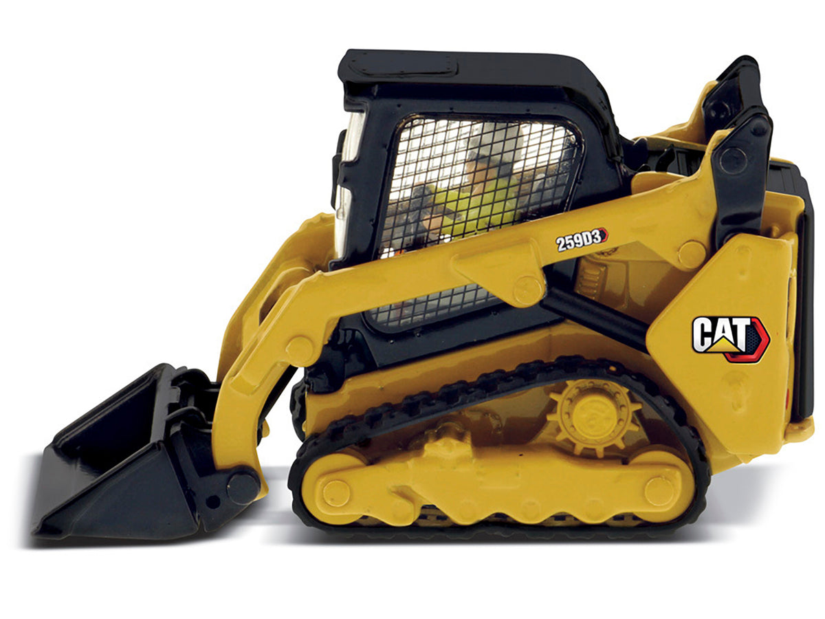 CAT Caterpillar 259D3 Compact Track Loader with Work Tools and Operator Yellow "High Line Series" 1/50 Diecast Model