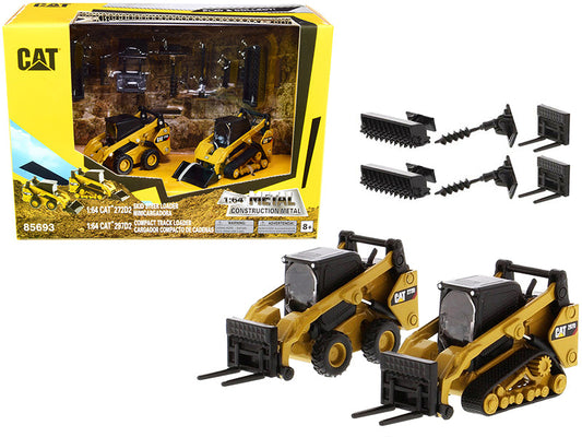 Set of 2 pieces CAT Caterpillar 272D2 Skid Steer Loader and CAT Caterpillar 297D2 Compact Track Loader with Accessories 1/64 Diecast Models