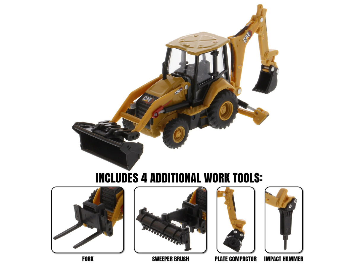 CAT Caterpillar 420 XE Backhoe Loader with Work Tools Yellow 1/64 Diecast Model