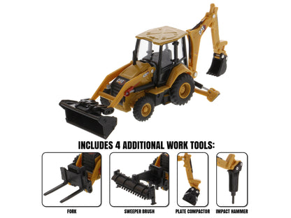 CAT Caterpillar 420 XE Backhoe Loader with Work Tools Yellow 1/64 Diecast Model