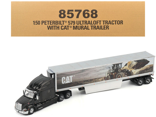Peterbilt 579 UltraLoft Truck Tractor Black Metallic with "CAT Caterpillar" Mural Trailer "Transport Series" 1/50 Diecast Model
