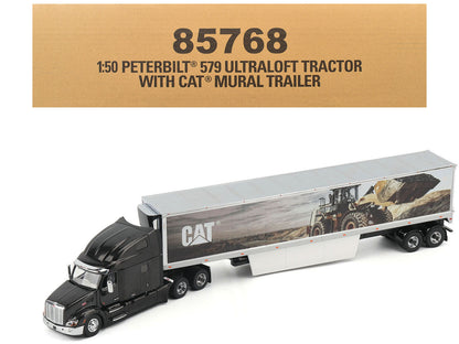 Peterbilt 579 UltraLoft Truck Tractor Black Metallic with "CAT Caterpillar" Mural Trailer "Transport Series" 1/50 Diecast Model