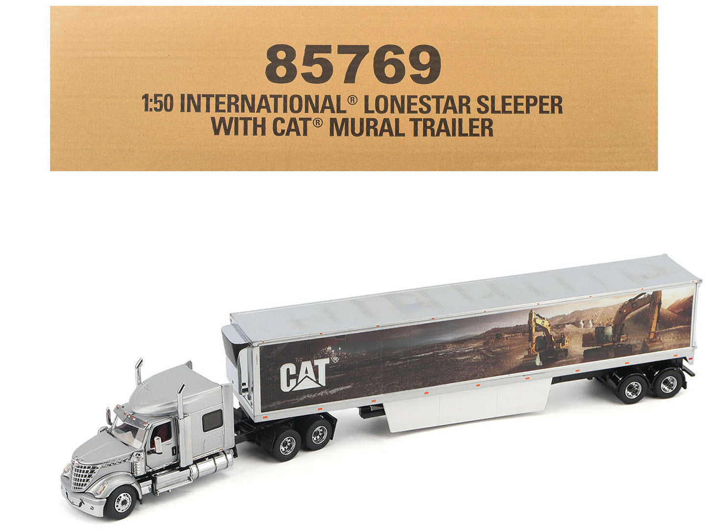International Lonestar Truck with Sleeper Silver Metallic with "CAT Caterpillar" Mural Trailer "Transport Series" 1/50 Diecast Model