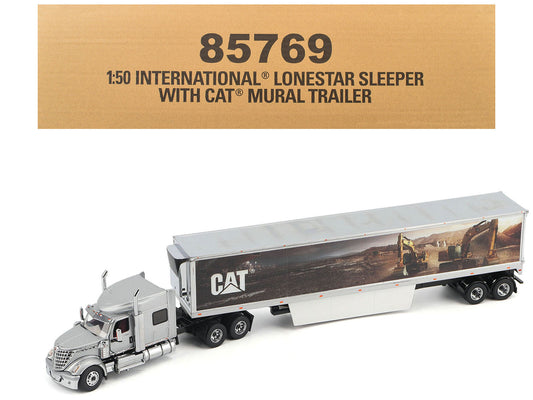 International Lonestar Truck with Sleeper Silver Metallic with "CAT Caterpillar" Mural Trailer "Transport Series" 1/50 Diecast Model
