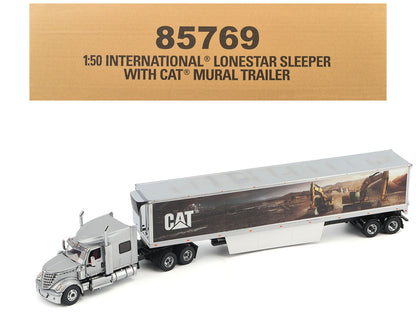 International Lonestar Truck with Sleeper Silver Metallic with "CAT Caterpillar" Mural Trailer "Transport Series" 1/50 Diecast Model