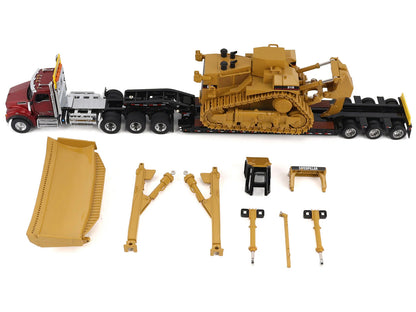 Kenworth T880 Day Cab Red and Trail King TK120 Lowboy Trailer with CAT Caterpillar D11R Dozer and Components Load "Transport Series" 1/50 Diecast Model