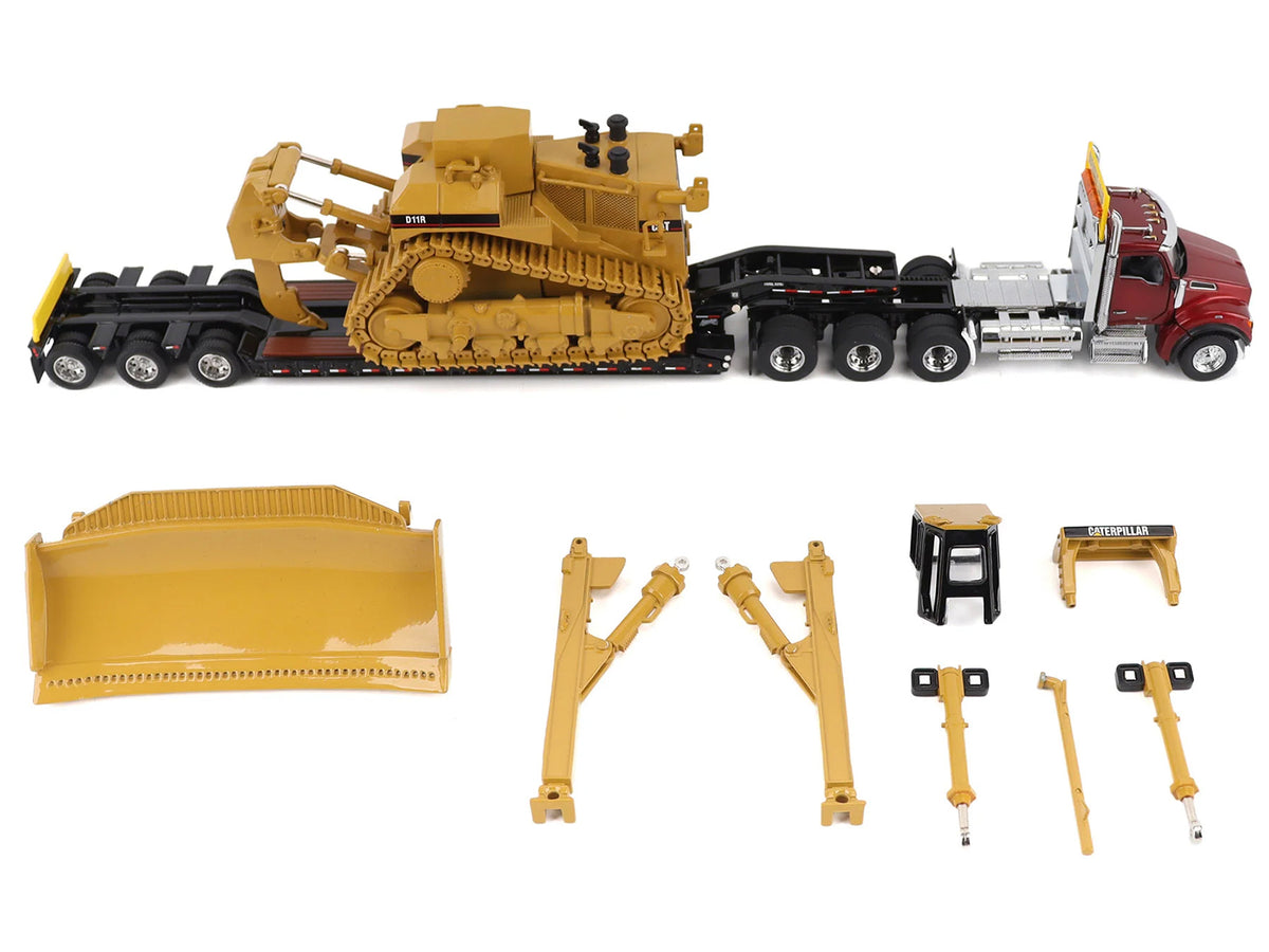 Kenworth T880 Day Cab Red and Trail King TK120 Lowboy Trailer with CAT Caterpillar D11R Dozer and Components Load "Transport Series" 1/50 Diecast Model