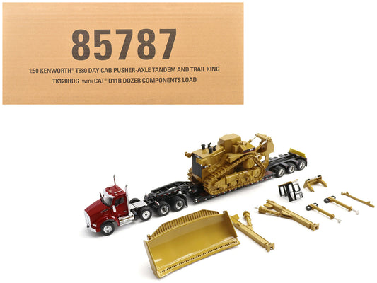 Kenworth T880 Day Cab Red and Trail King TK120 Lowboy Trailer with CAT Caterpillar D11R Dozer and Components Load "Transport Series" 1/50 Diecast Model