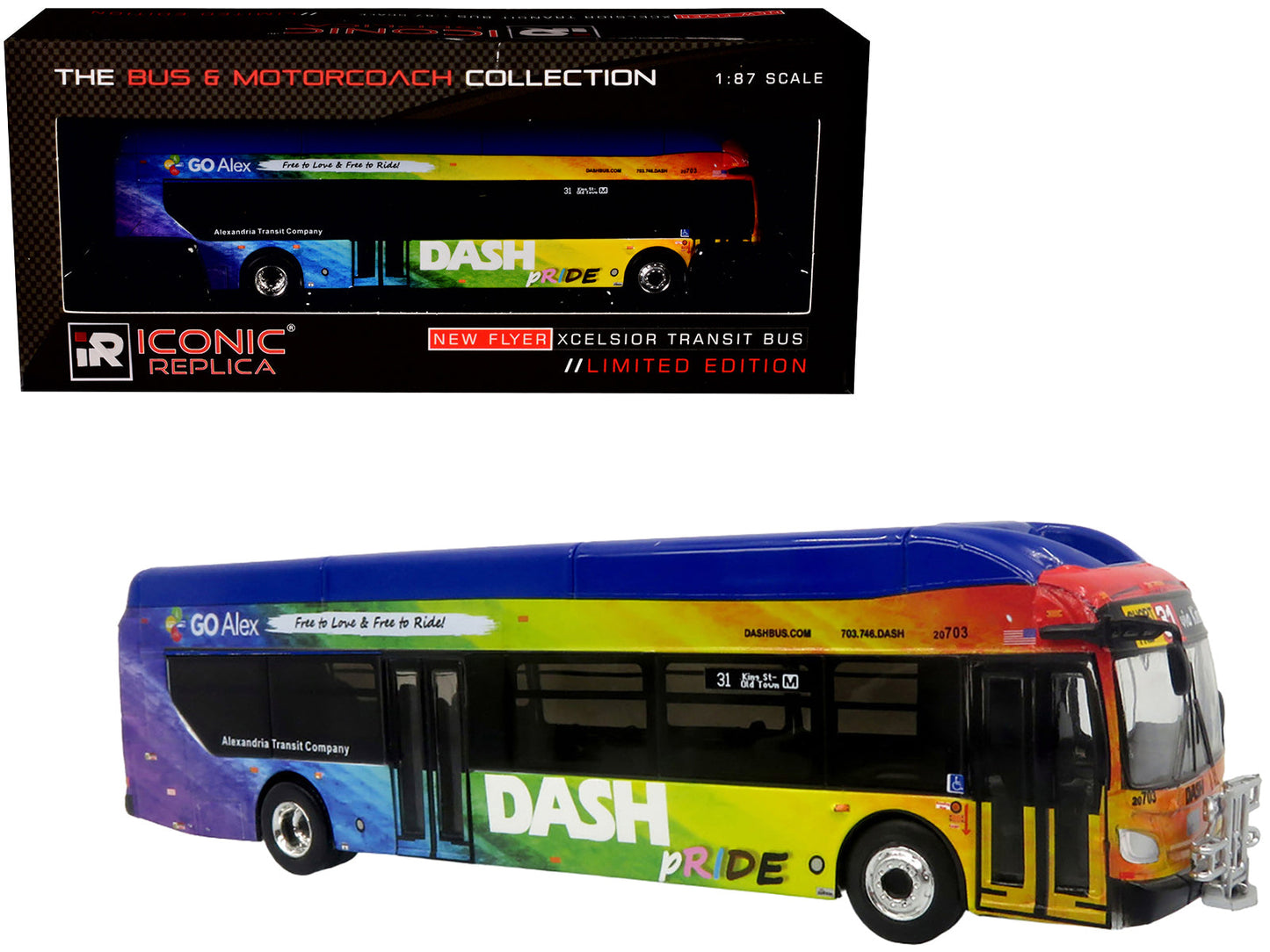 New Flyer Xcelsior XN40 Transit Bus "DASH Pride Livery" Blue with Rainbow Graphics "The Bus & Motorcoach Collection" Limited Edition 1/87 (HO) Diecast Model