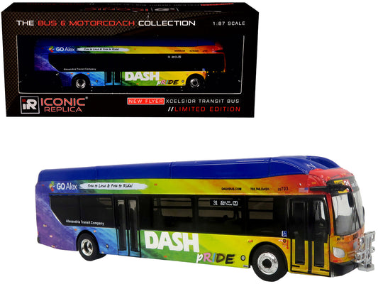 New Flyer Xcelsior XN40 Transit Bus "DASH Pride Livery" Blue with Rainbow Graphics "The Bus & Motorcoach Collection" Limited Edition 1/87 (HO) Diecast Model