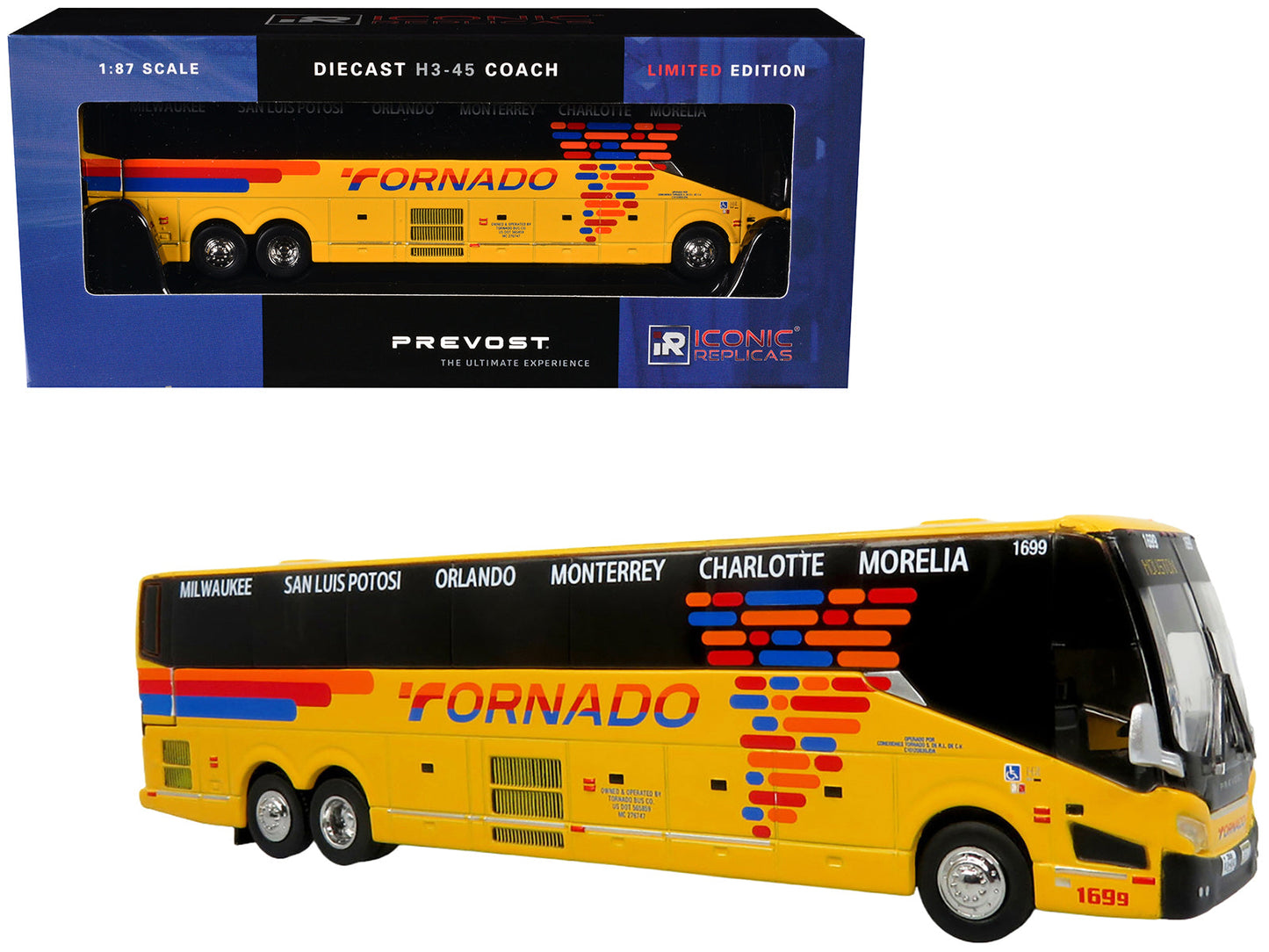 Prevost H3-45 Coach Bus "Tornado Bus Company" Yellow with Graphics Limited Edition 1/87 (HO) Diecast Model