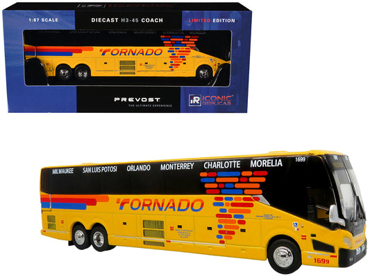 Prevost H3-45 Coach Bus "Tornado Bus Company" Yellow with Graphics Limited Edition 1/87 (HO) Diecast Model