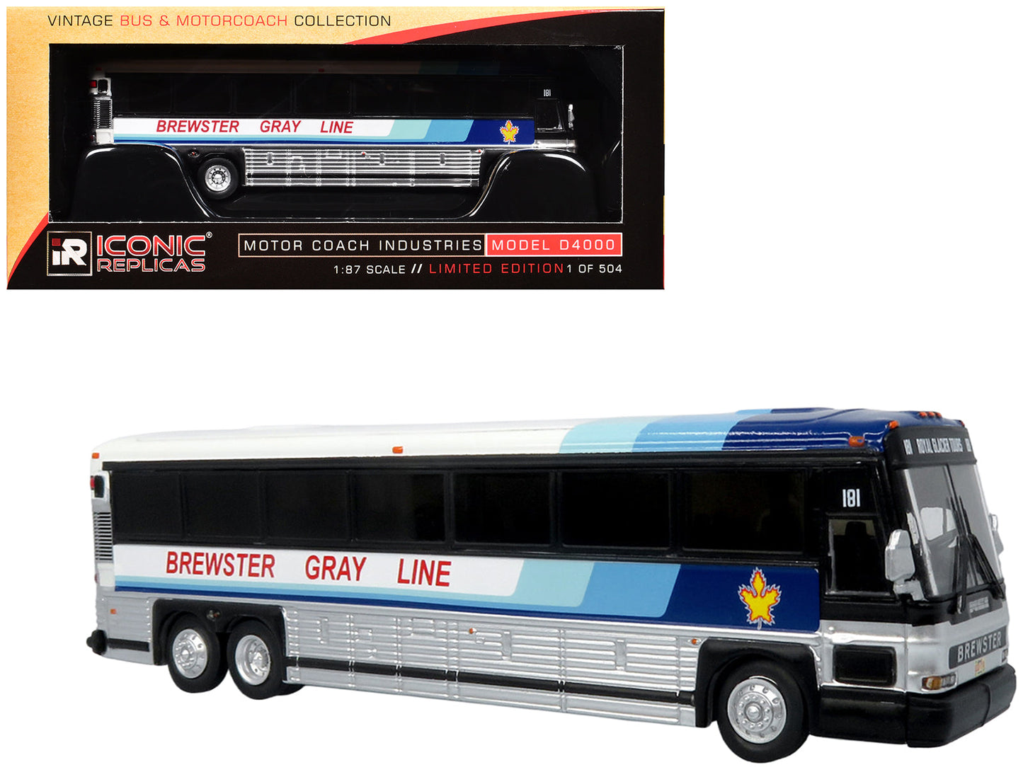 2001 MCI D4000 Coach Bus "Brewster Gray Line" White with Blue Stripes "Vintage Bus & Motorcoach Collection" Limited Edition to 504 pieces Worldwide 1/87 (HO) Diecast Model