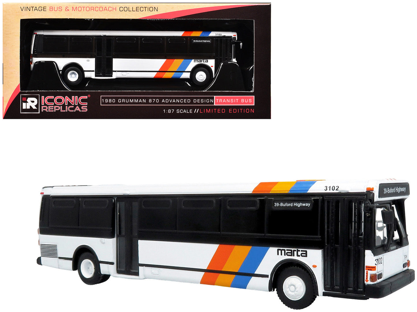 1980 Grumman 870 Advanced Design Transit Bus "MARTA Atlanta" White with Stripes "Vintage Bus & Motorcoach Collection" Limited Edition 1/87 (HO) Diecast Model