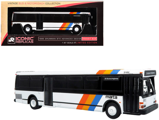 1980 Grumman 870 Advanced Design Transit Bus "MARTA Atlanta" White with Stripes "Vintage Bus & Motorcoach Collection" Limited Edition 1/87 (HO) Diecast Model