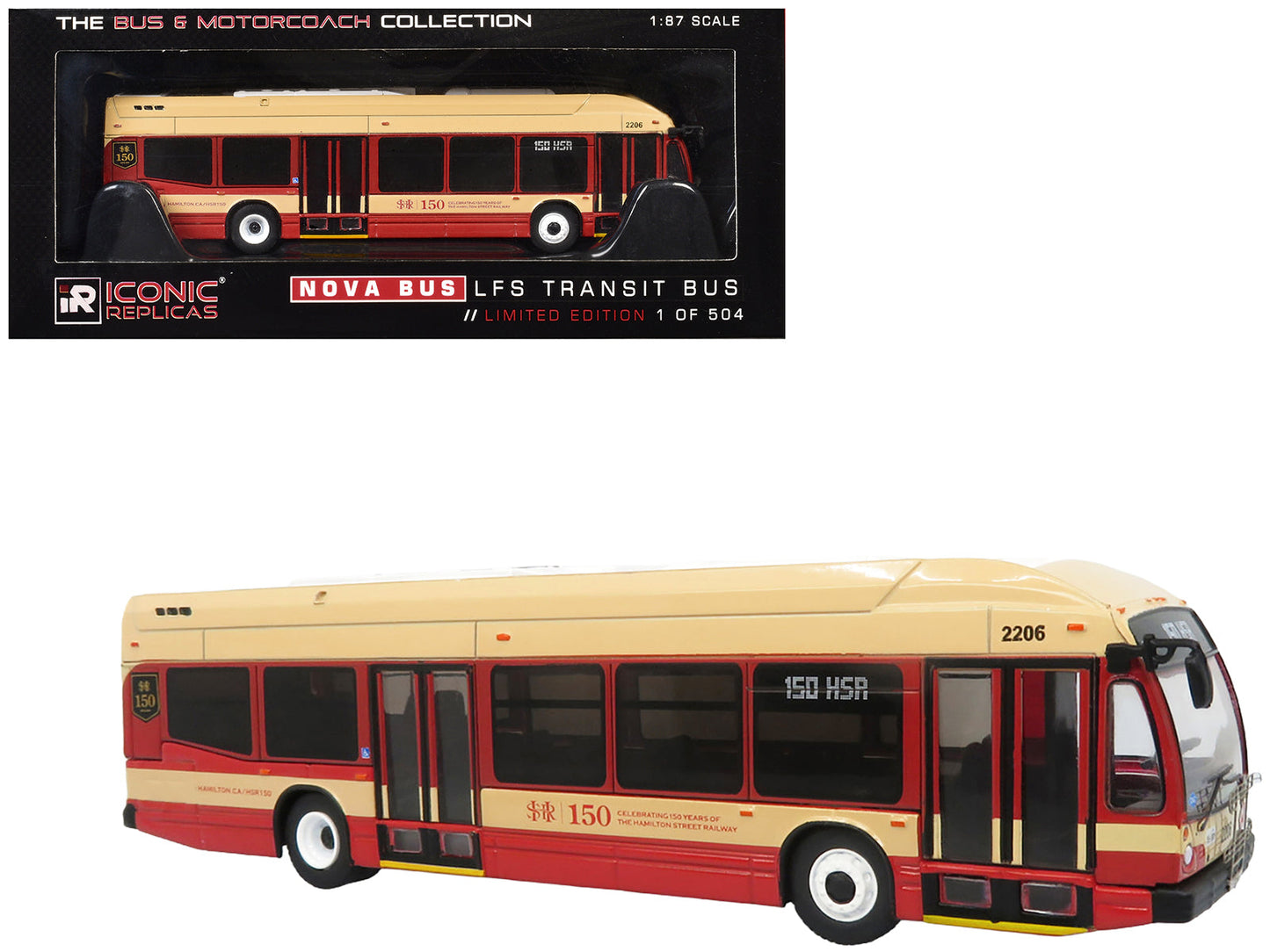Nova Bus LFS HEV Transit Bus "Hamilton Street Railway 150th Anniversary" Cream and Red "The Bus & Motorcoach Collection" Limited Edition to 504 pieces Worldwide 1/87 (HO) Diecast Model