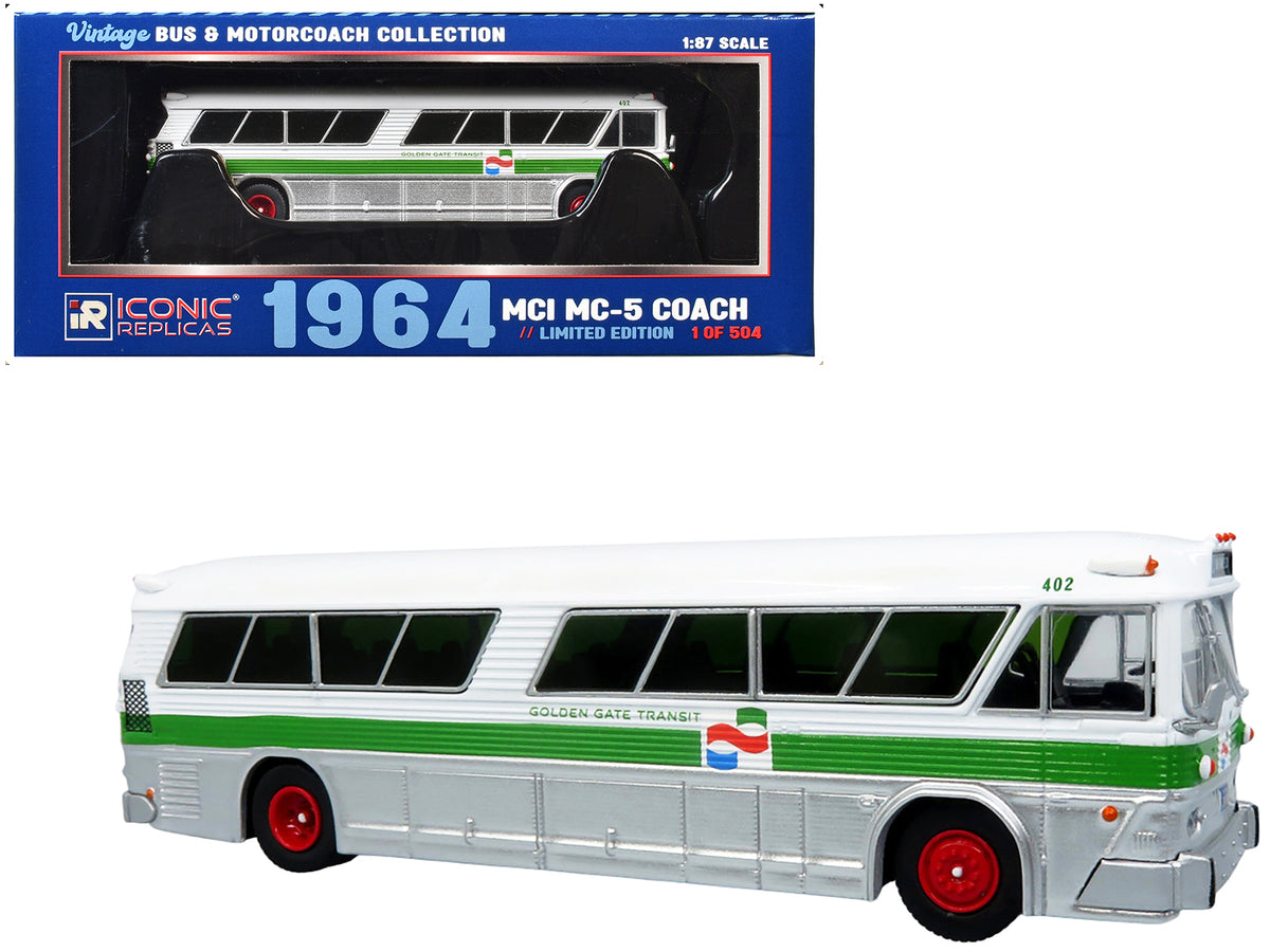 1964 MCI MC-5A Coach Bus "Golden Gate Transit" White with Green Stripes "Vintage Bus & Motorcoach Collection" Limited Edition to 504 pieces Worldwide 1/87 (HO) Diecast Model