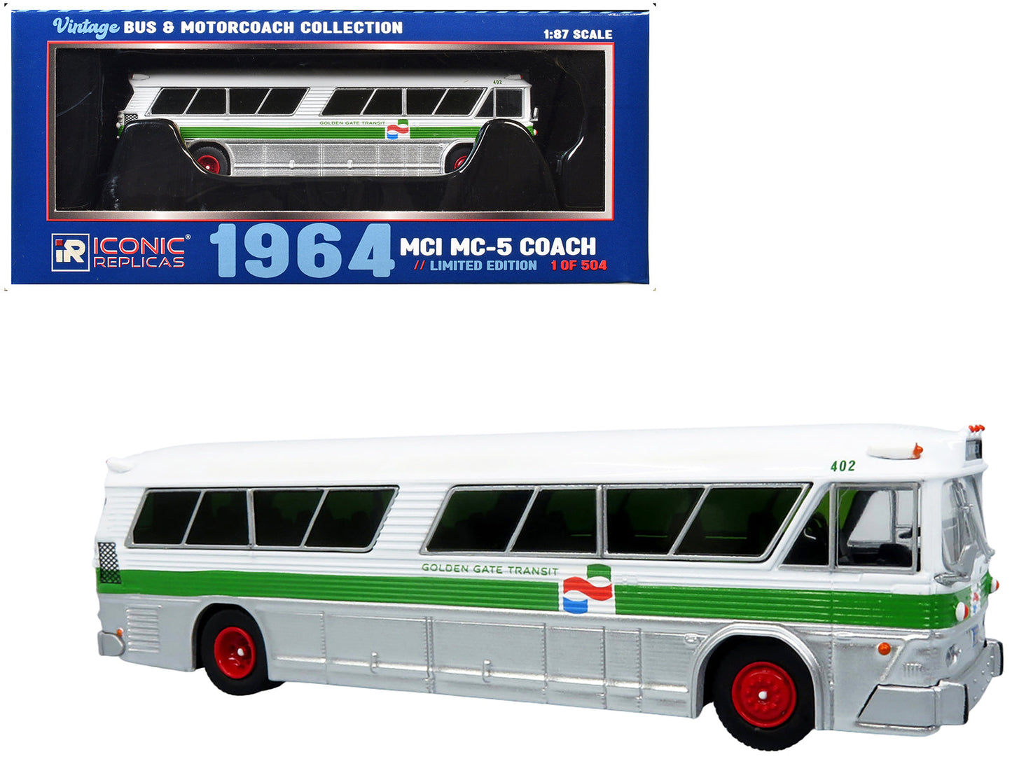 1964 MCI MC-5A Coach Bus "Golden Gate Transit" White with Green Stripes "Vintage Bus & Motorcoach Collection" Limited Edition to 504 pieces Worldwide 1/87 (HO) Diecast Model