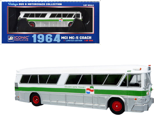 1964 MCI MC-5A Coach Bus "Golden Gate Transit" White with Green Stripes "Vintage Bus & Motorcoach Collection" Limited Edition to 504 pieces Worldwide 1/87 (HO) Diecast Model