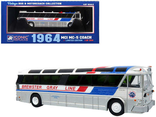 1964 MCI MC-5A Coach Bus "Brewster Gray Line" Silver with Blue and Red Stripes "Vintage Bus & Motorcoach Collection" Limited Edition to 504 pieces Worldwide 1/87 (HO) Diecast Model