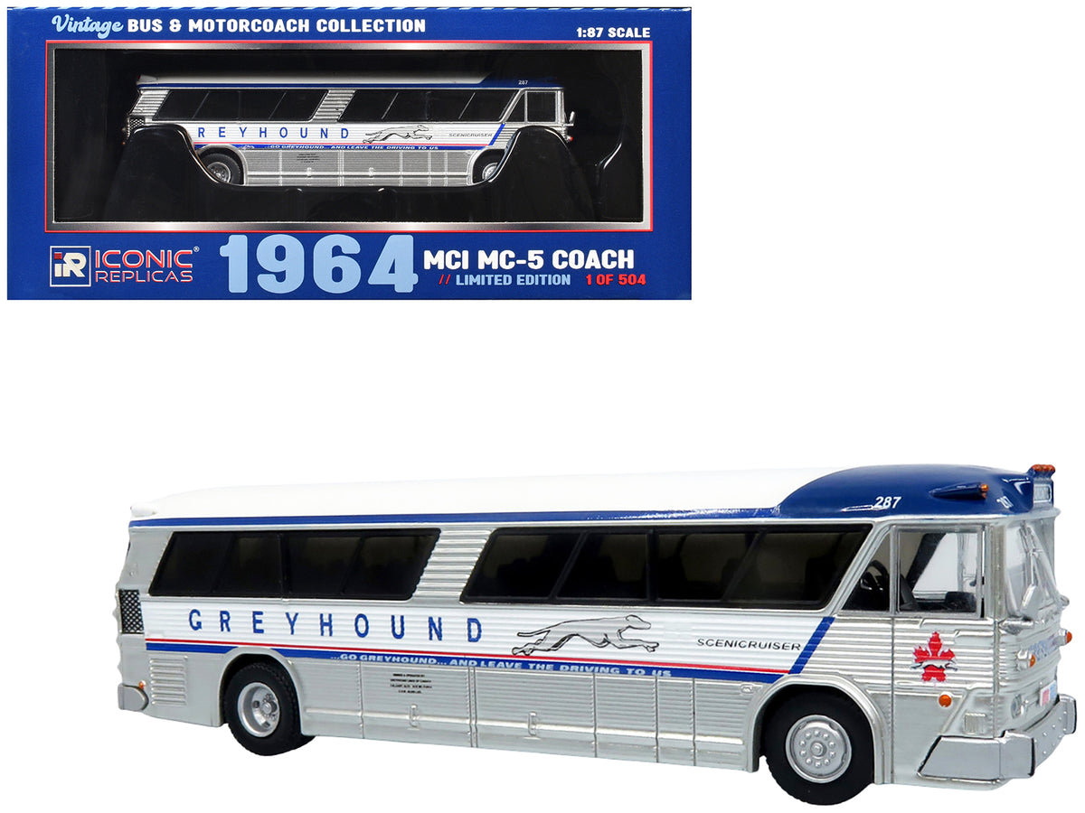 1964 MCI MC-5A Coach Bus "Greyhound Canada" White with Blue Stripes "Vintage Bus & Motorcoach Collection" Limited Edition to 504 pieces Worldwide 1/87 (HO) Diecast Model