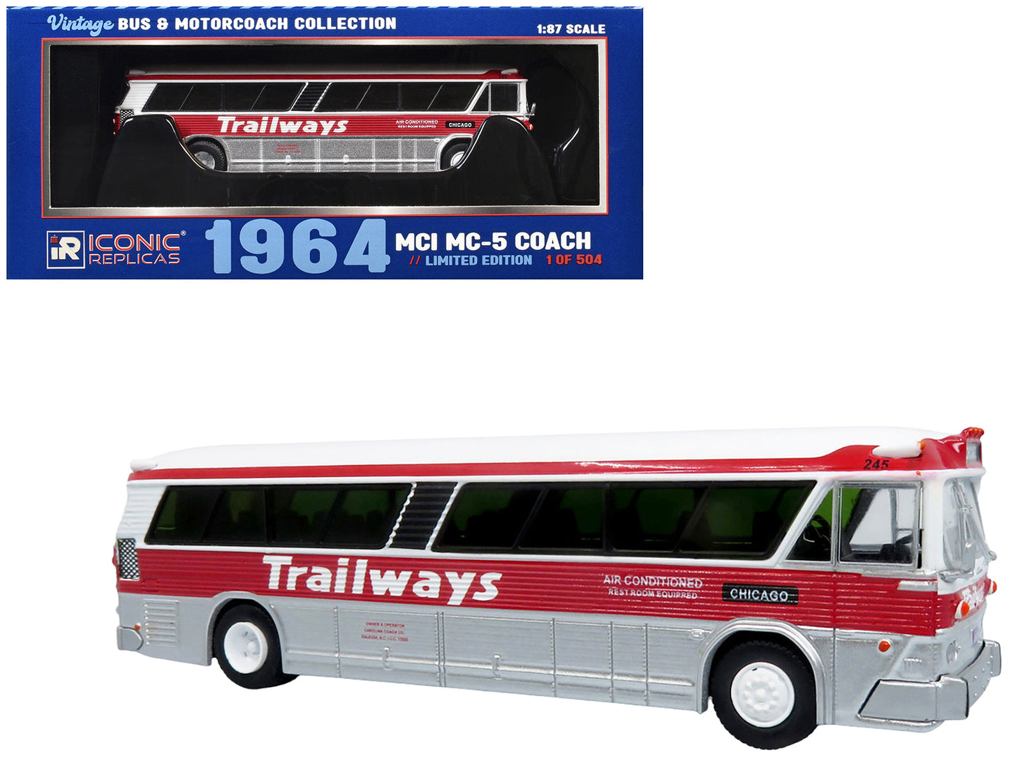 1964 MCI MC-5A Coach Bus "Trailways Chicago" White with Red Stripes "Vintage Bus & Motorcoach Collection" Limited Edition to 504 pieces Worldwide 1/87 (HO) Diecast Model